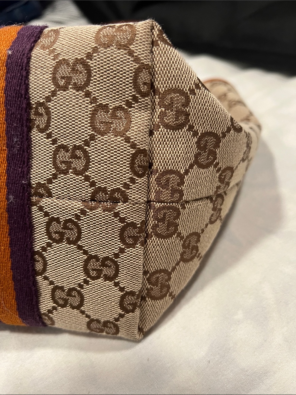Gucci Beige GG Canvas Tote with Orange Leather Handles and Purple/Orange Stripes - Picture 6 of 11
